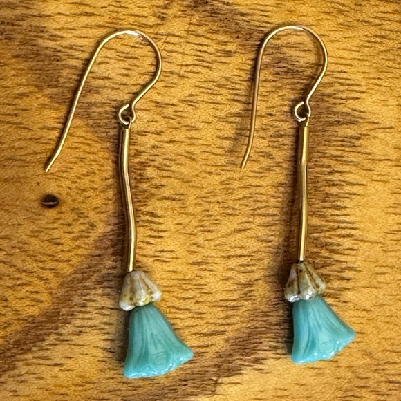 Natural Turquoise Tulip Dangle Earrings 14K Yellow Gold Filled - Picture 3 of 15